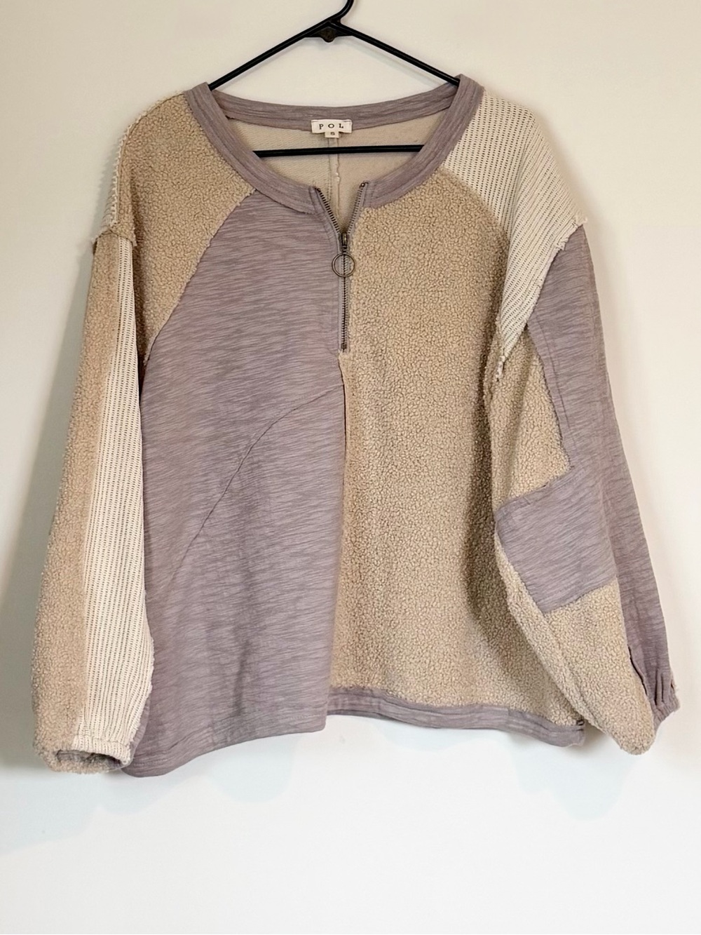 POL Patchwork Quarter Zip Pullover in Taupe and Beige - Size: Small - Picture 2 of 14